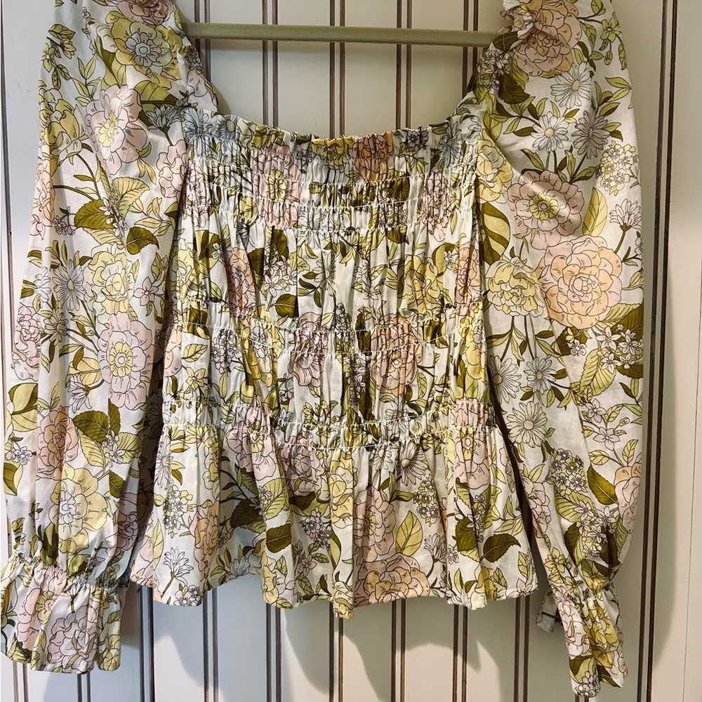 Who What Wear Floral Smocked Blouse - Cream and Green